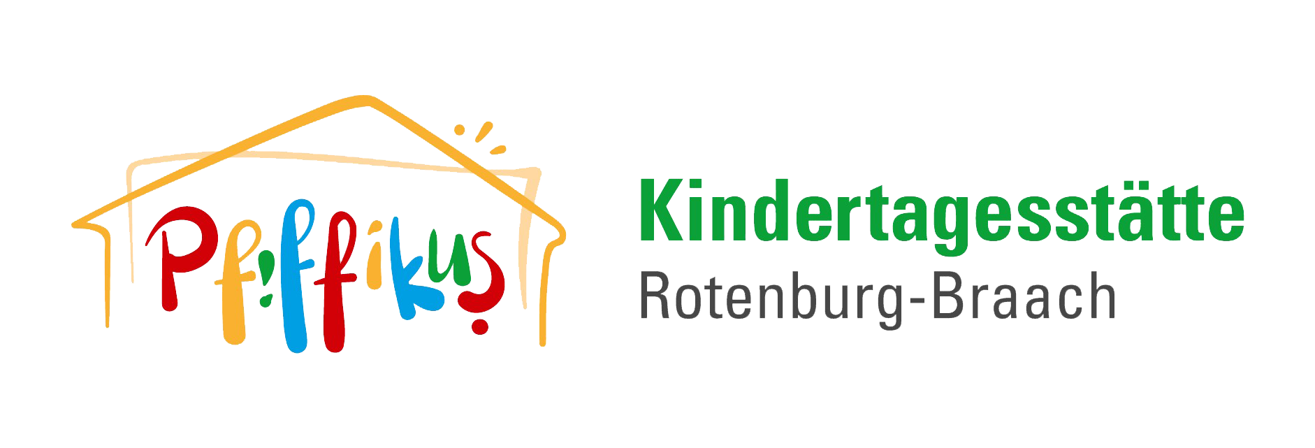Bunte Buchstaben in einem gelben Häuschen formen das Wort Pfiffikus. Neben dem Haus ist in grün, als Farbe der Kita Pfiffikus, das Wort Kindertagesstätte, darunter in grau Rotenburg an der Fulda zu finden.