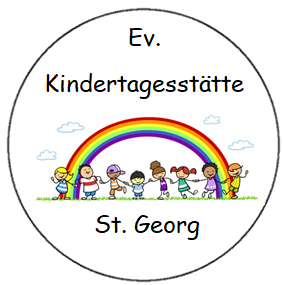 Viele Kinder stehen Hand in Hand unter einem Regenbogen. Darüber steht das Wort Kindertagesstätte, darunter St. Georg.