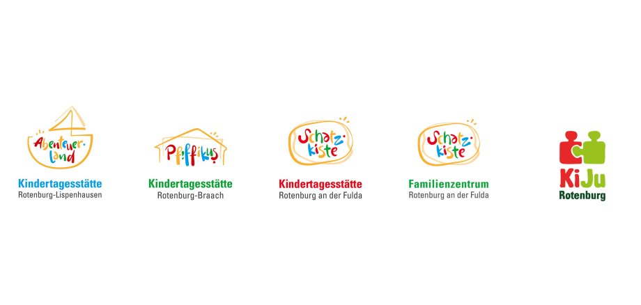 Die Logos der drei städtischen Kindertageseinrichtungen, des Familienzentrums und der Kommunalen Kinder- und Jugendarbeit der Stadt Rotenburg sind aufgereiht.