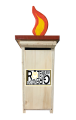 Ein Briefkasten aus Holz mit einer hölzernen Flamme obenauf.
